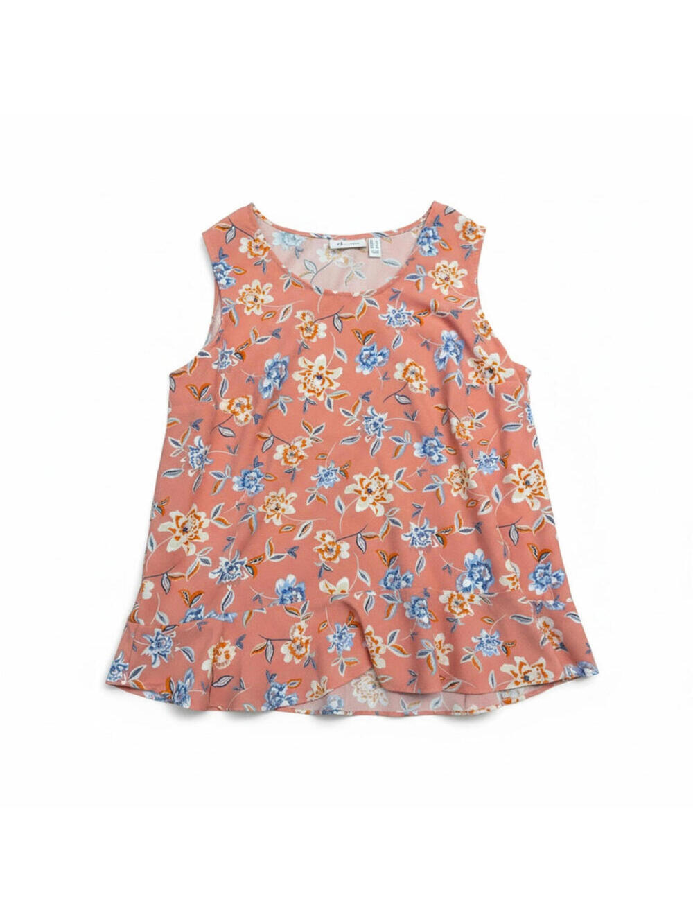 d&co Denim + Company Top Womens L Coral Pink Floral Sleeveless Ruffle Hem Tank
